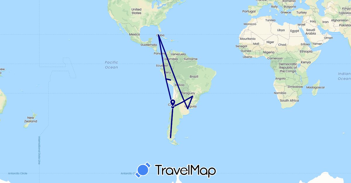 TravelMap itinerary: driving in Argentina, Chile, Cuba, Peru (North America, South America)